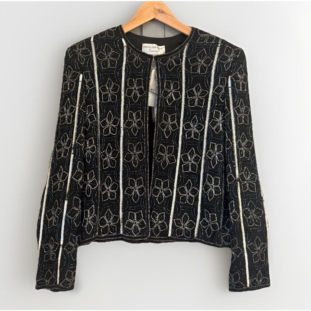 Vintage Papell Boutique Beaded Silk Jacket Black PL Petite Large Classic Glam